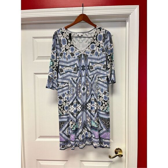 J. Jill Soft Blue & Gray Print Drop Waist Loose Dress Sz MP EUC - Picture 1 of 6